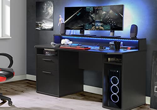 Flair Furnishings - Large Gaming Desk with Drawers, Sturdy Gaming Desk with Drawers for Multi-Screen Setup, Integrated LED Lights, 160cm Long, 72cm Wide (Black)