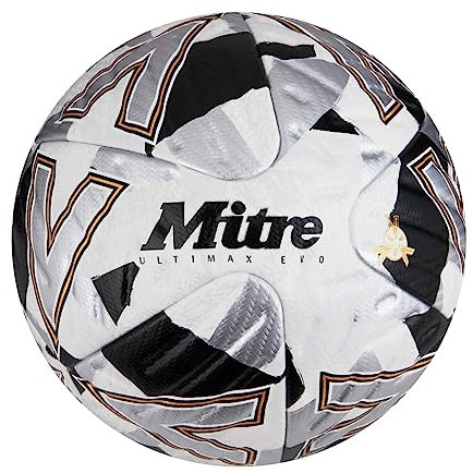 Mitre Ultimax Evo Fußball | professioneller Ball | reaktionsfreudige Hyperfoam-Technologie, Weiß/Silber/Schwarz, 5