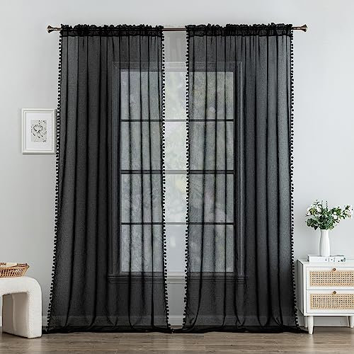 MIULEE Gardinen mit Pompons-Hübsche Schwarz Transparent Gardinen für Kinderzimmer Mädchen, 2 Stücke Vorhang mit Pompons mit Stangendurchzug Durchsichtig Vorhang mit Bommeln, Jeder H 225 X B 140cm