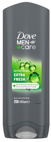Dove, Doccia Dove Men+Care Extra Fresh, Docciaschiuma Uomo 3 in 1 Idratante Corpo, Viso e Capelli, con Tecnologia MicroMoisture, Dona 24 Ore di Idratazione, 250 ml