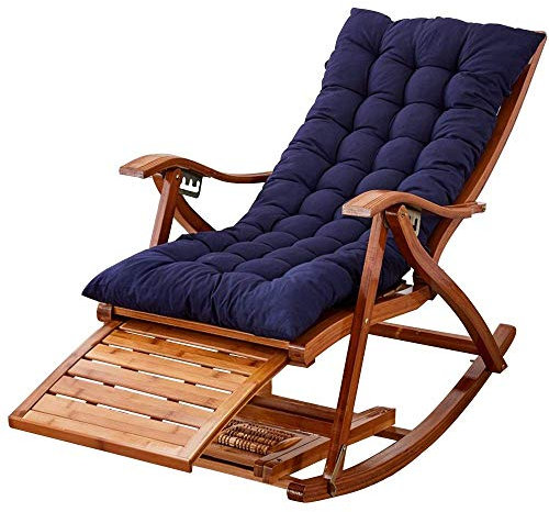 Bambus-Schaukelstuhl, verstellbar in 5 Positionen, zusammenklappbarer Liegestuhl, Sonnenliege für den Außenbereich mit Baumwollkissen für Terrasse, Balkon, Braun/Blau/Grau/Lila/Rot (Farbe: Blau) small