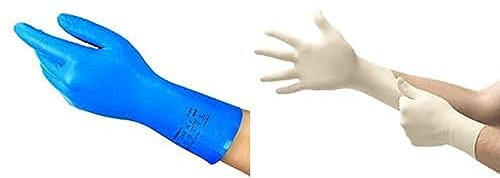 AlphaTec 37-310 Gants de Travail Nitrile, Manchette Longue, Bleu, Taille (12 paires) + TouchNTuff 69-318 Gants Jetables en Latex, Fins et Non Poudrés, Blanc, Taille M (100 Gants)