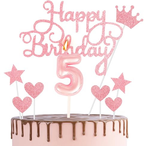 HONGCI Happy 5th Birthday Cake Topper & Birthday Candle Pink Number 5 Candle for Birthday Cake - 5th Birthday Candle Cake Cupcake Topper Birthday Cake Decorations for Girls Birthday Party Pink