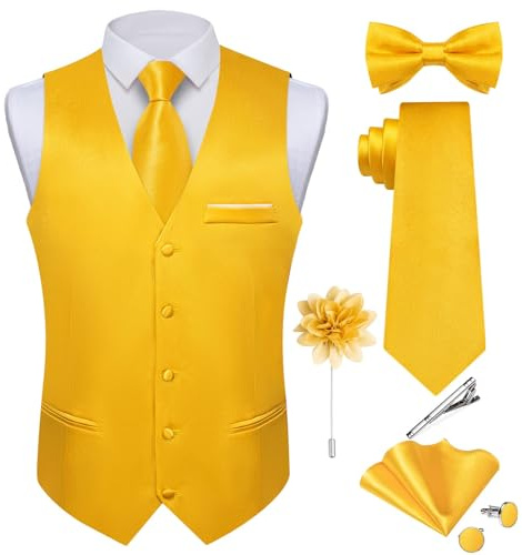 DiBanGu Herren Satin-Anzugweste und Krawatte, 8-teilig, solide Weste und Fliege mit Anstecknadel für Smoking, Kleid, Weste, Hochzeit, formelle Anlässe
