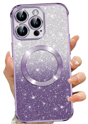 Phoona für iPhone 15 Pro Hülle, Glitzer Hülle Kompatibel mit MagSafe, Keine Vergilbung, Kratzfeste, Ganzkörperschutz Magnetisch Handyhülle für iPhone 15 Pro, Mit 2 Schutzfolie, Lila