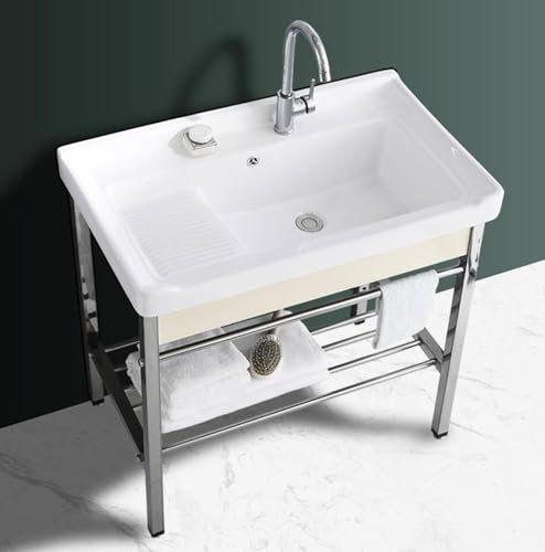 Fregadero Independiente para Lavandería, Fregadero De Un Solo Tazón, con Soporte Y Kit De Drenaje para Lavadero, Lavadero, Garaje, Sótano, Exterior E Interior.,81x48x85cm
