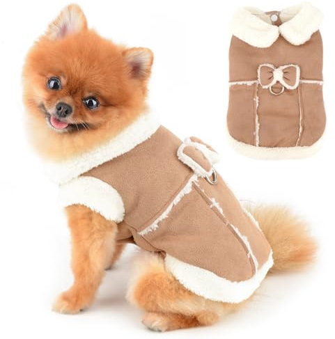 PAIDEFUL Sherpa Hundemantel für kleine Hunde, weich, winddicht, mit niedlicher Schleife, für Herbst und Winter, mit Fleece gefüttert, Chihuahua-Kleidung, Katzenbekleidung, D-Ring, Khaki, Größe M