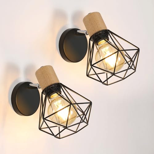 Comely Applique Murale Interieur 2 pièces, Noir Vintage Lampe Murale, Orientable Appliques Murales Interieures en Métal et Bois Lampe Murale Interieur pour Salon, Chambre, Couloir, Escalier, Café