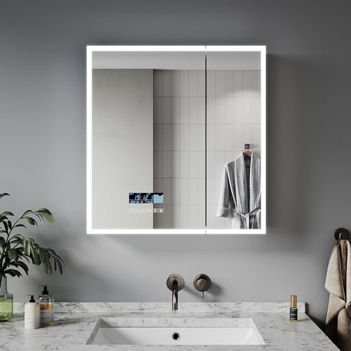 ELEGANT Heated Bathroom Mirror with Light, Bluetooth Speaker & Shaver Socket - 600 x 630mm, 2 Door Stainless Steel Illuminated Cabinet