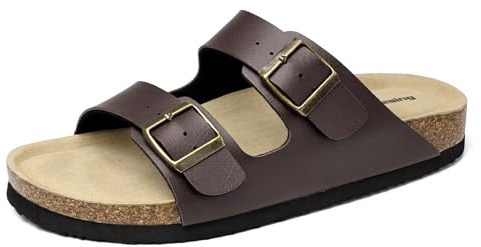 Mesing Mules Sandales Femme Homme Été Plates Boucle Bout Ouvert Nu-pieds Confortable Cuir Suédé Pantoufles en Liège XZ490-Brown-EU41
