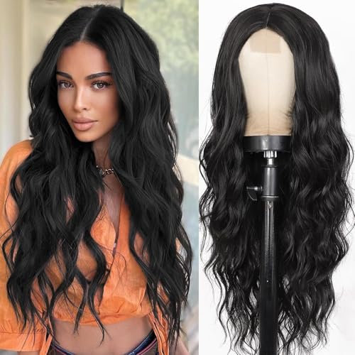 PORSMEER Lange Schwarz Wellig Perücke, 66cm Lace Mittelscheitel Lockige Perücke Natürliche Hitzebeständig Synthetische Perücke für Frauen Tägliche Party