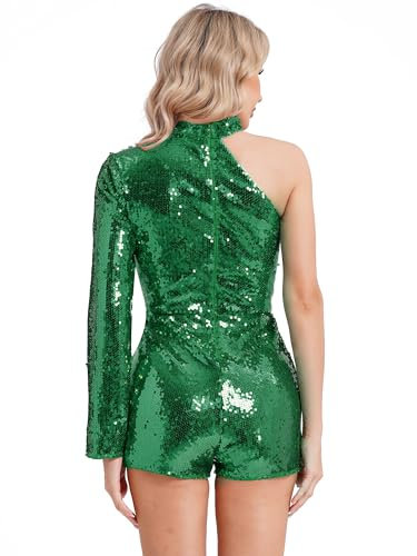 Doomiva Damen Wetlook Body Einteiler Bodysuit Pailletten Trikotanzug Tanzbody Gymnastikanzug Ballett Leotard Turnanzug Grün M