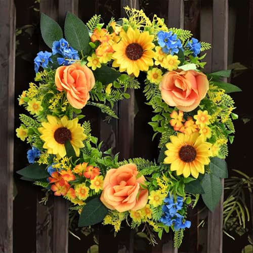 ELUBLU Door Wreath, 41 cm Artificial Flowers Flower Wreath Decoration, Sunflower Door Wreath Outdoor, Spring and Summer Decorative Wreath for Door, Wall, Living Room, Hallway, Bedroom, Decoration,