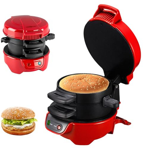 Sandwichera Eléctrica Tostadora De Sándwich, Sandwichera con anillo para tortillas, Hamburguesera de 600 W con revestimiento antiadherente, Con Temporizador De Cuenta Atrás Digital Hamburguesas (Red)