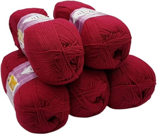 500g Strickwolle Ilkadim Export Cotton gold einfarbig, 5 x 100g Strickgarn mit 55% Baumwolle, uni (bordeaux 390)
