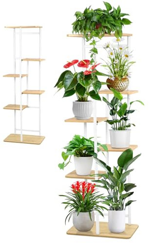 SenDeluz Estante Alto de Metal y Madera de 6 Niveles - Soporte para Plantas Interior y Exterior - Estante para Flores y Plantas de Varios Niveles para Balcón, Jardín