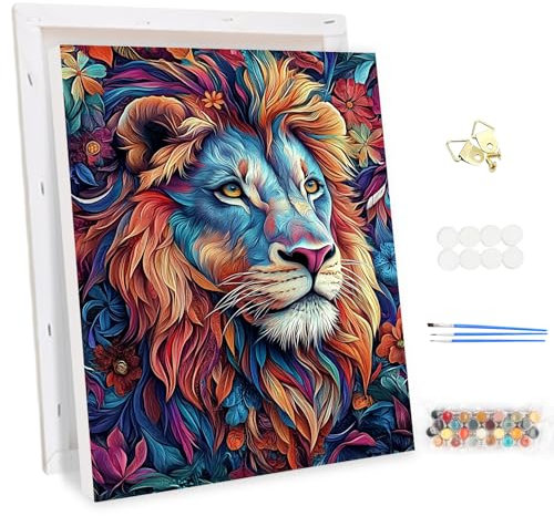 MEIYUDA Pintar por Numeros Adultos con Marco Animales León, DIY Pintura por Numeros Kit Manualidades Adultos, Cuadros por Numeros Pigmento Acrílico, Decoración para el Hogar Regalo de pared 30x40cm