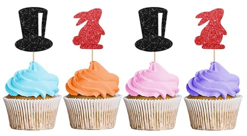 24PCS Magic Show Cupcake Toppers, Tophat Cupcake Toppers For Magic Themd Birthday Party, Magic Hat/Rabbit Cupcake Picks, Magician Birthday Party Decoration - Red&Black Glitter