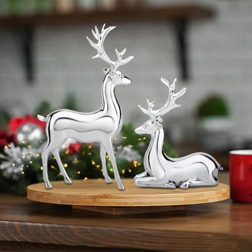 2 Stück Rentier Figur | Galvanisierte Silber Hirsch Deko Weihnachten | Deko Hirsch Ornamente Statuen | Handicraft Rentier Deko für das Desktop Bücherregal