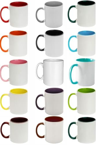 Sublimationstassen, Zaubertassen, 11 oz, 330 ml, Kaffebecher, bedruckbar, spülmaschinenfest, innen und Henkel farbig, 12 Stück, Farben-frei wählbar/kombinierbar, Rohling/Tasse für Sublim., Farbwechsel