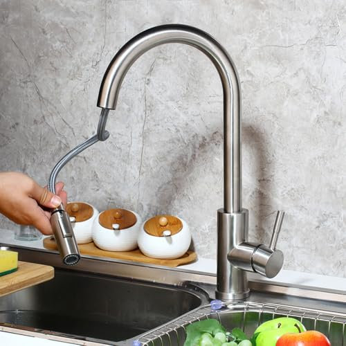 Robinet de cuisine doré brossé avec robinets à arc haut rabattable Robinet mitigeur de cuisine en acier inoxydable, nickel brossé