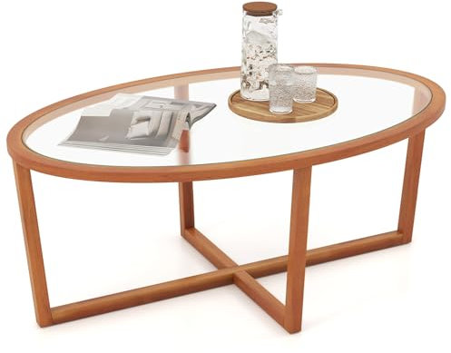 COSTWAY Table Basse en Verre Trempé, Table Basse Bois Ovale, Pieds Croisée en Bois d'Acacia, Table de Salon Naturel, Brun