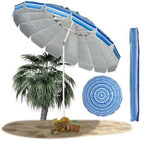 RELAX4LIFE Parasol de Plage Inclinable avec Mât Démontable et Pieds à Vrille, Parapluie de Soleil à 16 Baleines Résistant en Fibre de Verre, Lucarne pour Jardin, Patio (Ø245 x H245 cm, Bleu foncé)