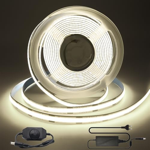 Arotelicht COB LED Streifen 12V 3m weiß, COB LED Strip 4000K Dimmbar Hohe Dichte 320LEDs/m 960LEDs mit Dimmer Adapter IP20 für TV Hintergrundbeleuchtung Schlafzimmer Innendekoration