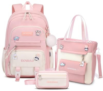 Tanou Rucksack Mädchen Schulrucksack Teenager, Schultaschen-Set mit Studenten Umhängetasche und Federmäppchen, Schulranzen Kinder Casual Daypack School Bag for Girls, Rosa