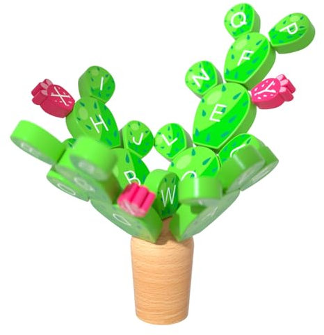 Voihamy Kaktus -Stapelspielzeug, Balancieren von Kaktusspielzeug - Holz Alphabet Lernstapelspiel,Bildungsgebäudezweige für Kinder im Alter von 3 bis 8-, Mädchen, Mädchen