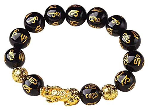 YiAngjGBq Feng Shui Armband, Feng Shui schwarzes Obsidian-Armband, Pixiu Pi Yao Armband trägt alte Münzen, 6 Zeichen Mantra-Perlenarmband, Stein-Amulett, zieht Reichtum und Glück an, 12MM, Edelstein