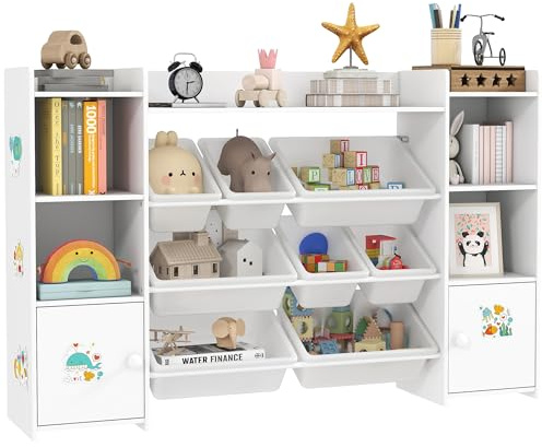 AIYAPLAY Kids Bookshelf and Toy Storage Organiser with 8 Removable Storage Bins, Toy Organisers with Bookshelf for Playroom, Nursery, Kids Room, White