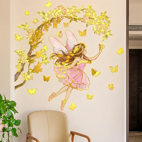 Lekabee Golden Blumenfee Wandaufkleber | Blumen Schmetterlings Wandtattoo, Wanddekoration für Mädchenzimmer, Babyzimmer und Kinderzimmer (Stil_B)