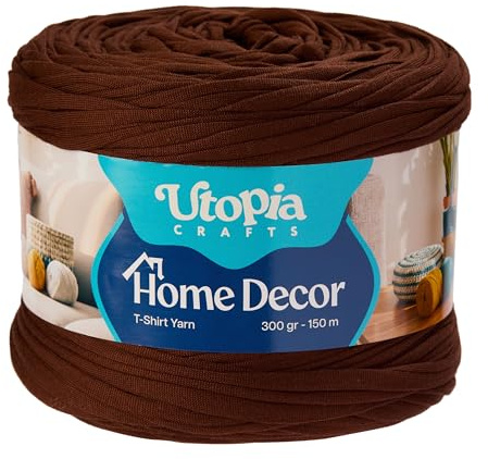 Utopia Crafts T-Shirt Fettuccia Uncinetto 300g 150m – Filo Morbido Elastico per Cestini, Borse, Tappeti, Macramè & Decorazione Casa, Oeko-Tex (Marrone Scuro)