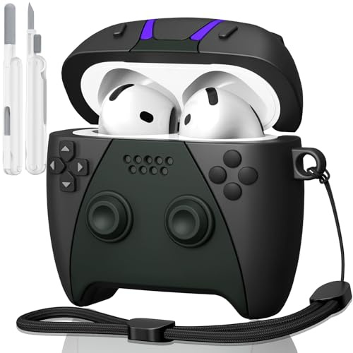VISOOM für Airpods 4 Hülle Weiche Silikon | Cute Stoßfest Airpods 4 Case, 3D-Controller-Design Schutzhülle mit Lanyard & Reinigungsset, Schwarz-Weiß