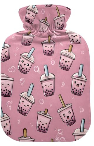 Cute Boba Bubble Tea Pink Hot Water Bottle with Velvet Cover Hot Water Bag for Pain Relief 1L, Neck Cramps Shoulders Pain Relief, Hot Cold Pack