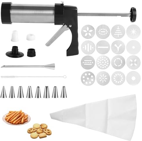 29pcs Stainless Steel Cookie Press Gun Kit, Include Spritzer Cookie Press Gun Mold Machine Discs Piping Set Cleaning Brush Manual Instruction for Baking DIY Biscuit Maker Cakes Desserts