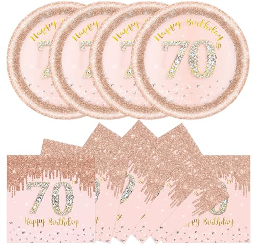 DHAIQC 50 Pcs 70th Birthday Paper Plates and Napkins Party Supplies, 7 Inch Rose Gold 70th Party Plates and Napkins Tableware Set for Women Girl Anniversary 70 th Birthday Decorations (70th)
