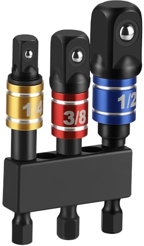 Gewutho 3 Piece Impact Socket Adapter Set, 1/4-Inch Hex Shank, Chrome Vanadium Steel Drill Extension Bar, Includes 1/4in, 3/8in, and 1/2in Drive Socket Adapters with Storage Holder