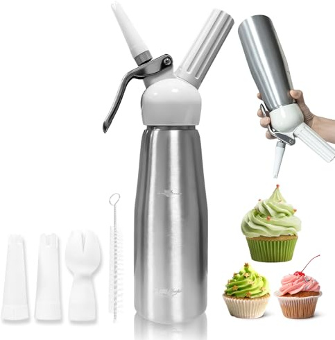 XIMEY Sifone da Cucina, 500 mL, per Panna Montata, Creme, Mousse, Dessert, Acciaio Inossidabile Uso Alimentare, con 3 Ugelli + 1 Spazzola per Pulizia
