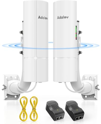 AdaLov CPE366 Gigabit Point to Point Wireless Bridge Outdoor 5.8GHz | 3km Long Range, Dual LAN Ports, Plug & Play, P2P/PTMP for Outbuildings/Garden Room/Garage/Barn/CCTV, Weatherproof, PoE/12V DC