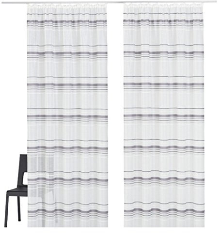 Yujiao Mao 2er Pack Voile Transparenten Gardine Querstreifen Muster Vorhang Schal mit Kräuselband Grau BxH 140x245cm