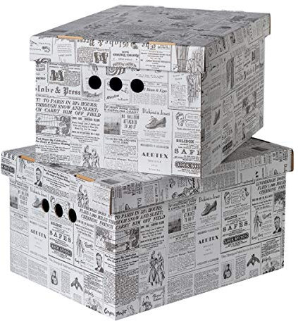 SOFTILLO Pack of 2 Decorative Storage Boxes With Lids Home Office Bedroom Wardrobe Box Organiser Archive Box with Lid Multi-Use General Storage Archive Box with Lid Stylish Set XLarge Newspaper