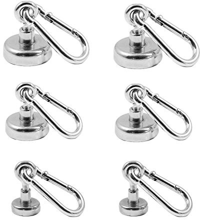 Magnetastico® | Set mit 6 Neodym-Ösenmagneten mit Karabiner N35 | Je 2x 16, 20 & 25 mm Ø | Haftkraft 5.5, 9 & 22 kg | 6 Neodym Topfmagnete-Karabiner mit Öse bzw. Ringschraube sehr stark & verzinkt