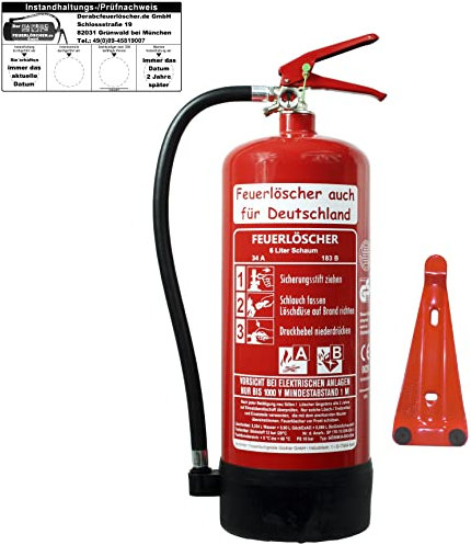 Brandengel® Feuerlöscher 6L Schaum AB Bio DIN EN 3 GS Wandhalter, Manometer 34A, 183 B = 10 LE Schaumlöscher (Mit Prüfnachweis u. Jahresmarke) Gewerbe für Haushalt, gewerblich Büro