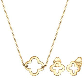 Elli Damen Echtschmuck Schmuckset Halskette Kette Ohrringe Stecker Kleeblatt Glücksbringer in 925 Sterling Silber vergoldet 40 cm Länge
