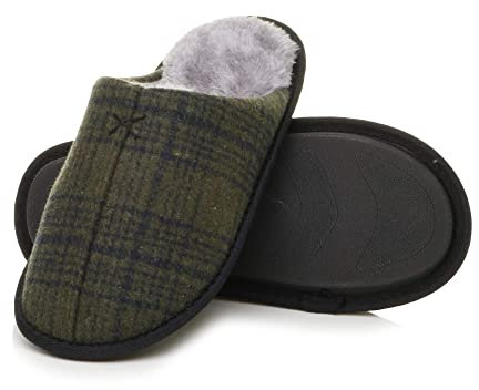 Ajvani Mens Flat Winter Fur Lined Memory Foam Mules Slippers House Shoes , Khaki Check, 8 UK