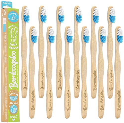 BAMBOOGALOO Bio-Zahnbürste für Erwachsene, Bambus, hochwertig, aus Holz, mit nachhaltiger plastikfreier Verpackung, schön gearbeitete Zahnbürste, Ocean Edition, 12 Stück