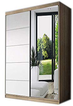 MOEBLO Kleiderschrank Schwebetürenschrank mit Spiegel 2-türig Schrank mit Einlegeböden und Kleiderstange Gaderobe Schiebtüren BxHxT 120x200x61 NOAH05 (Sonoma+Weiß)