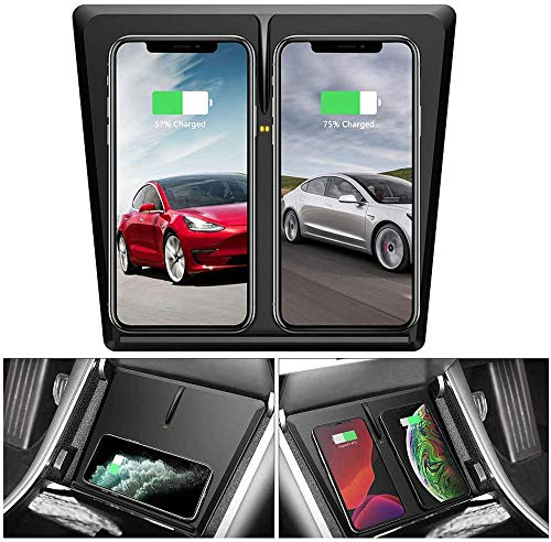 Chargeur sans Fil Voiture pour Tesla Modèle 3 10W Qi Support de Téléphone Auto à Induction Rapide Console Centrale de Voiture avec 3 Bobines Charge Horizontale/Verticale pour iPhone Android
